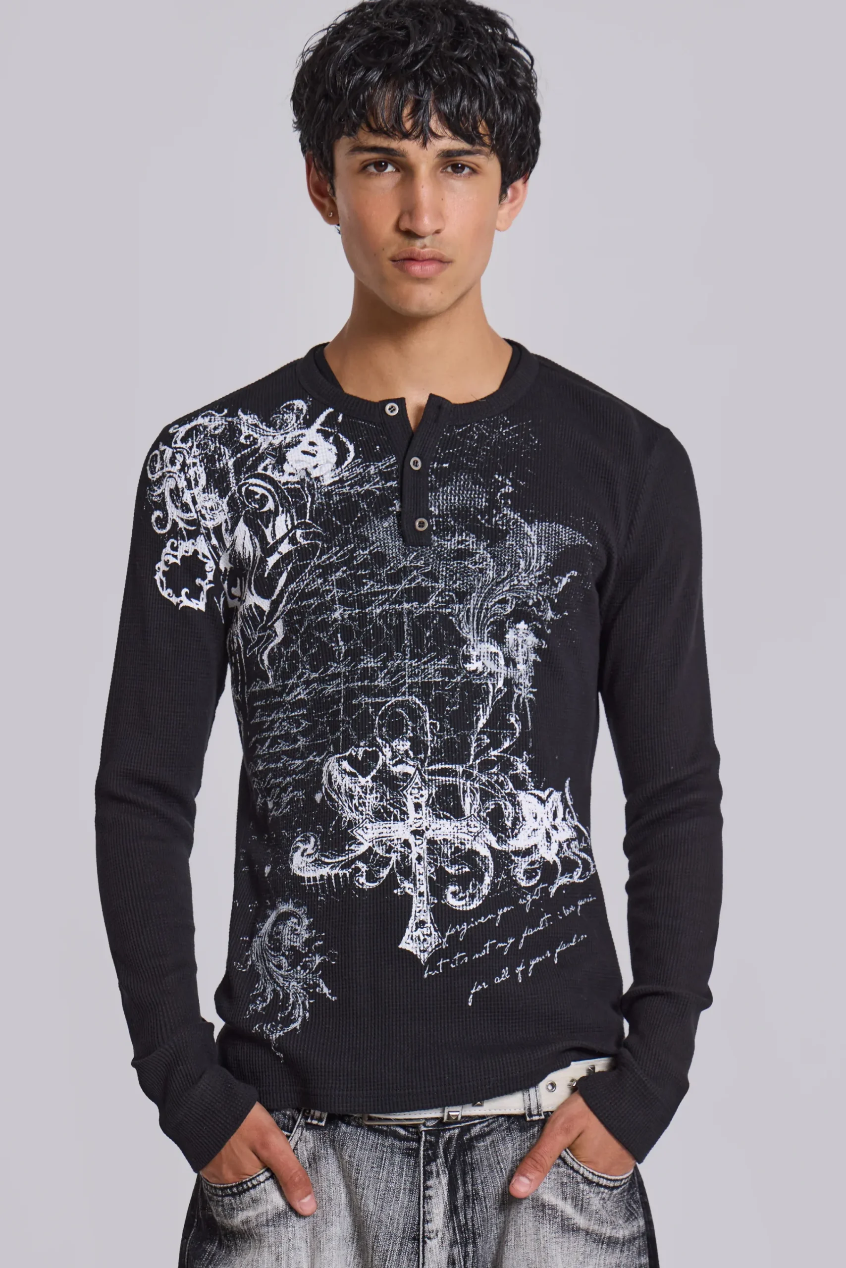 Flash Sale Jaded London Anointed Black Waffle Henley T-Shirt