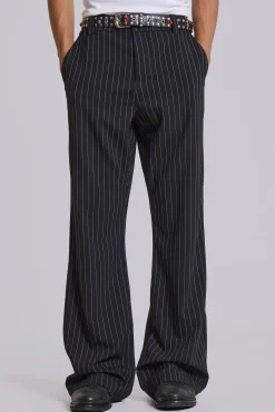 New Jaded London Black Pinstripe Stacked Bootcut Suit Pants