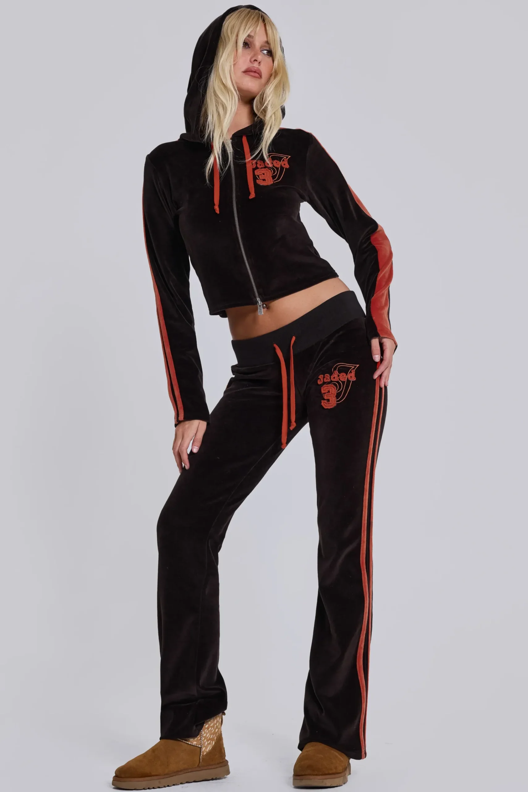 Sale Jaded London Brown Three Velour Low-rise Bootcut Trousers
