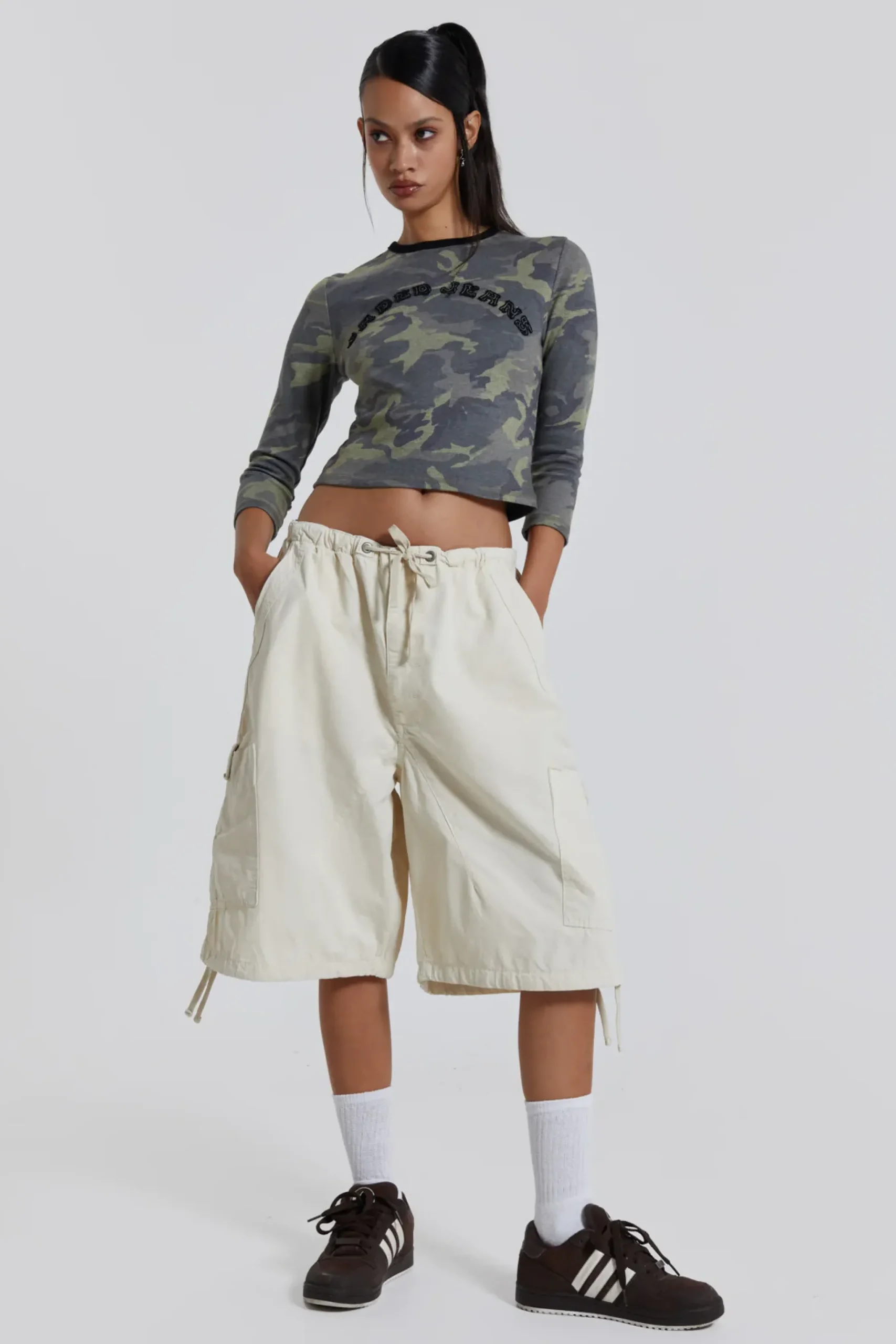Discount Jaded London Ecru Parachute Cargo Shorts