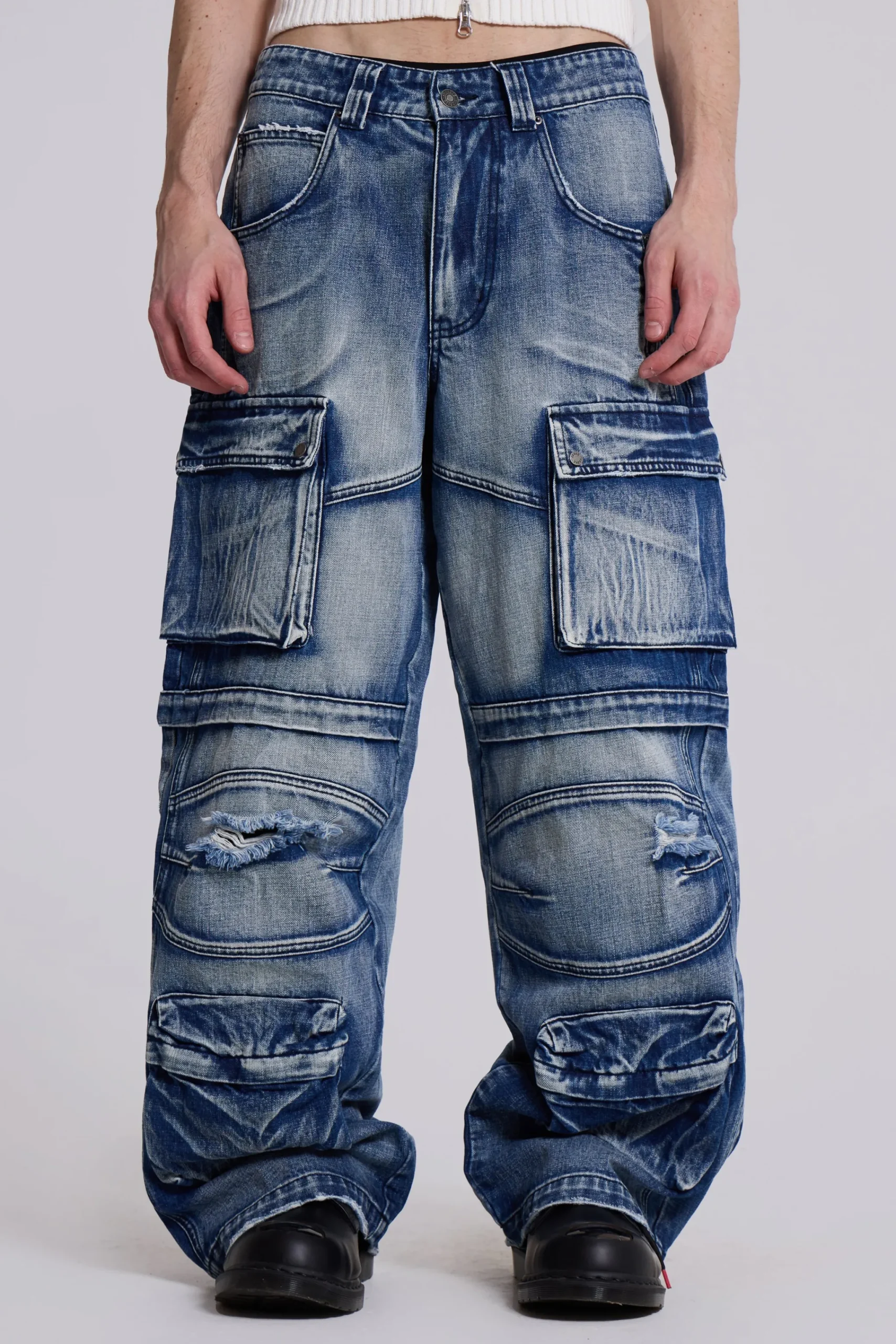Clearance Jaded London Light Wash Apex Denim Cargos