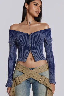 Clearance Jaded London Tribeca Blue Ribbed Off The Shoulder Knit